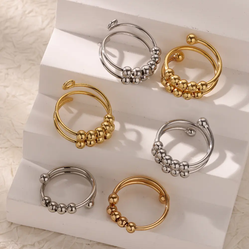 1PC Anxiety Balls Beads Rings For Women Open Spinner Stainless Steel Rotating Freely Anti Stress Adjustable Finger Ring  Jewelry