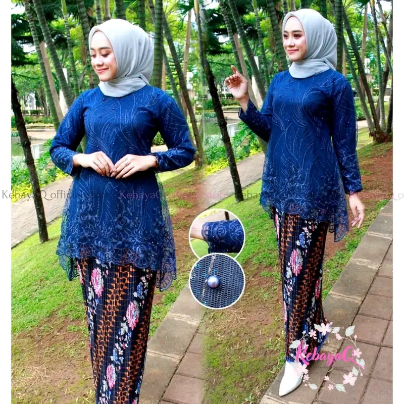 BAJU KEBAYA COUPLE  WARNA  NAVY KEBAYA WISUDA  TUNANGAN  MODERN BUSUI FRIENDLY COUPLEKEBAYADANBATIK AYAHIBU ANAK BAHAN Katun Bunga 2