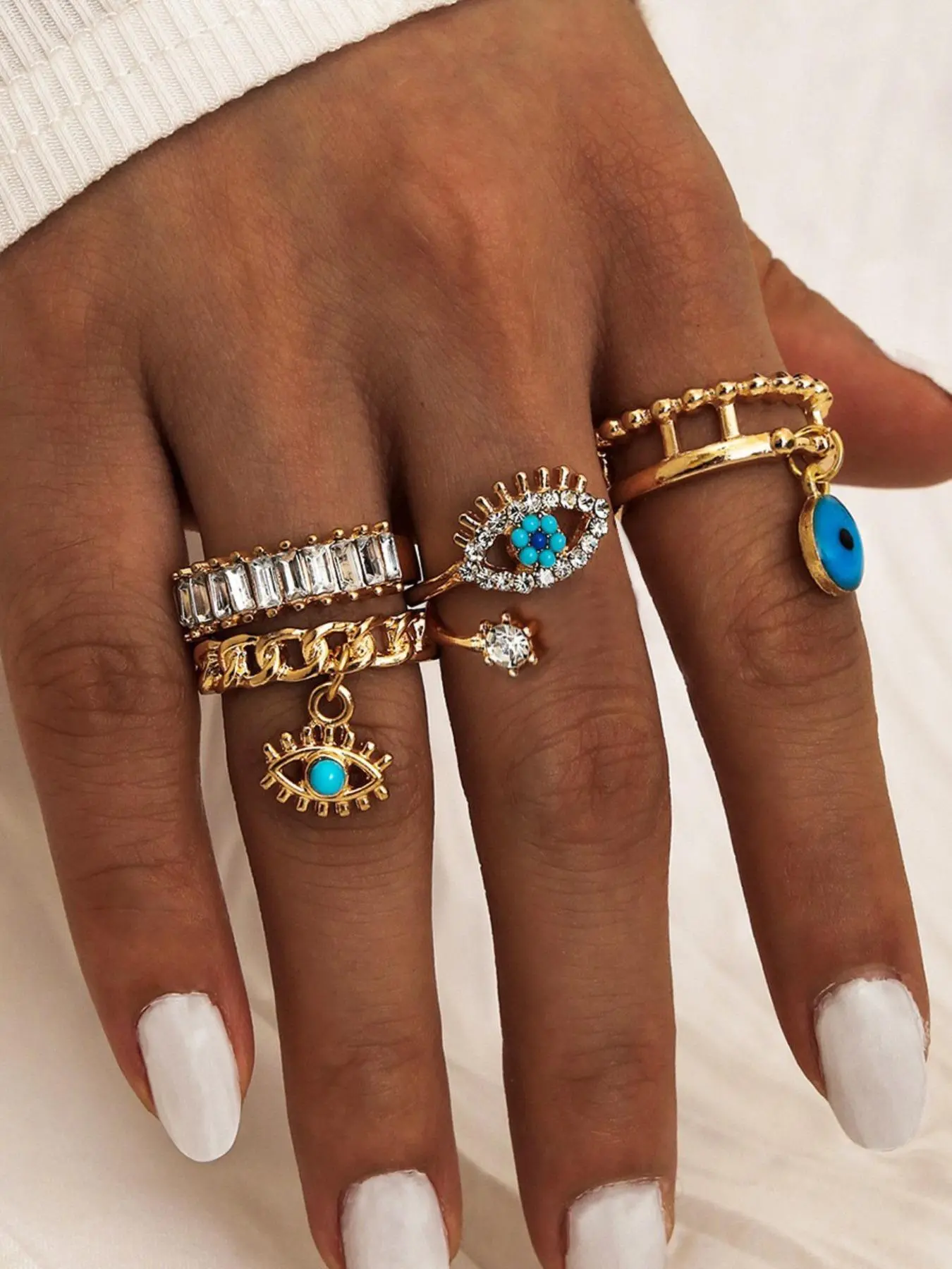 Evil Eye Design Cuff Ring, Fashionable Rhinestone Decorated Ring for Women & Girls, Casual Jewelry for Party, Daily Clothing Decor, Trendy Exquisite Jewelry for Gift
