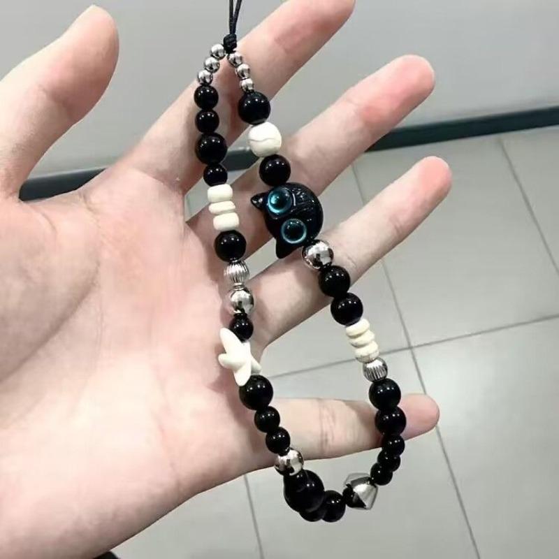 Product Introduction of Lanyard for Phone Case,Strap/chain Good-looking Ins Black Cat Hot Girl Phone Charm Phone Pendant Chain CCD Short Camera Lanyard Niche Beaded 1