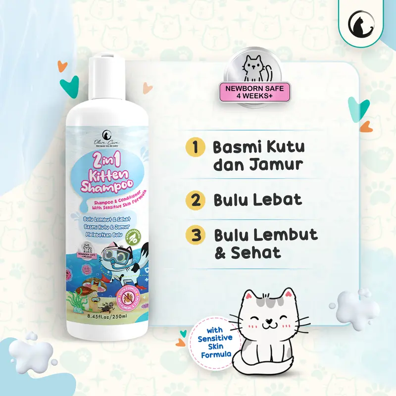 Olive Care Shampo Kucing KITTEN 2in1 Shampoo & Conditioner untuk Atasi Jamur, Kutu, Bulu Rontok, Lebatkan Bulu, Aman untuk Kulit Sensitif tanpa Membuat Alergi dan Iritasi Kulit 1