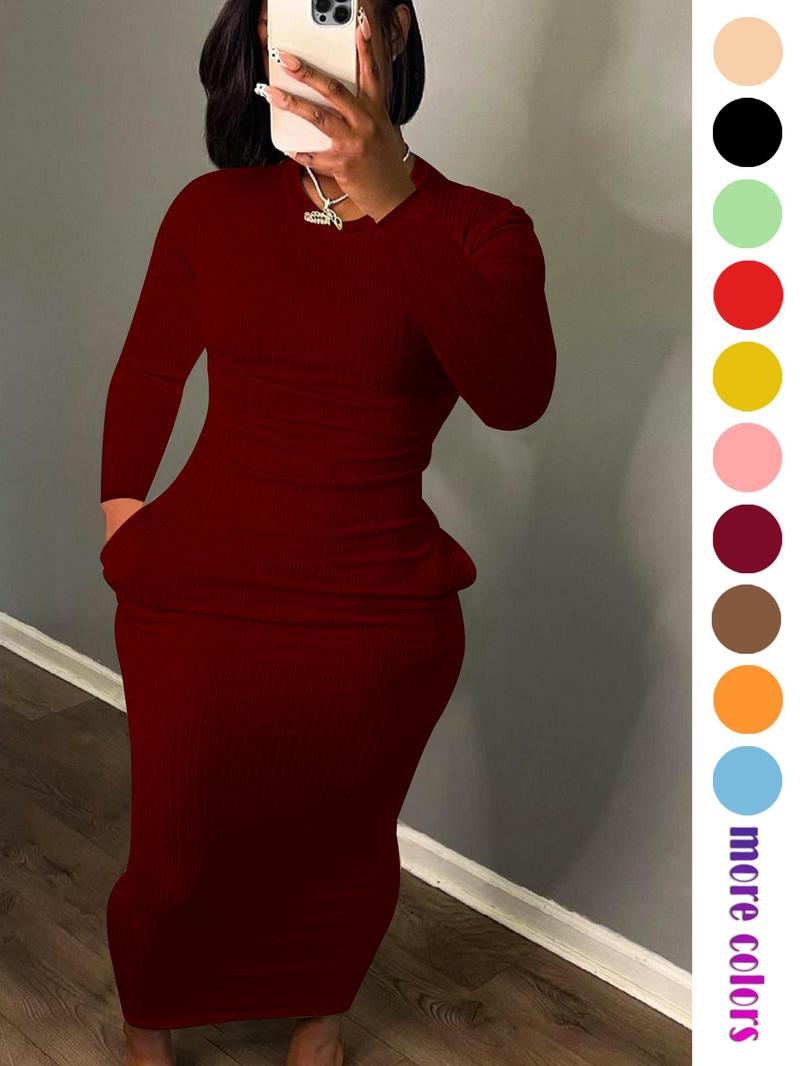 Product Introduction of Women's Solid Pocket Long Sleeve Bodycon Dress, Elegant Round Neck Dress for Party Holiday Wedding Guest, Ladies Fall & Winter Clothes, 2025 Trend, Spring & Fall Clothing, Going Out Dresses 3