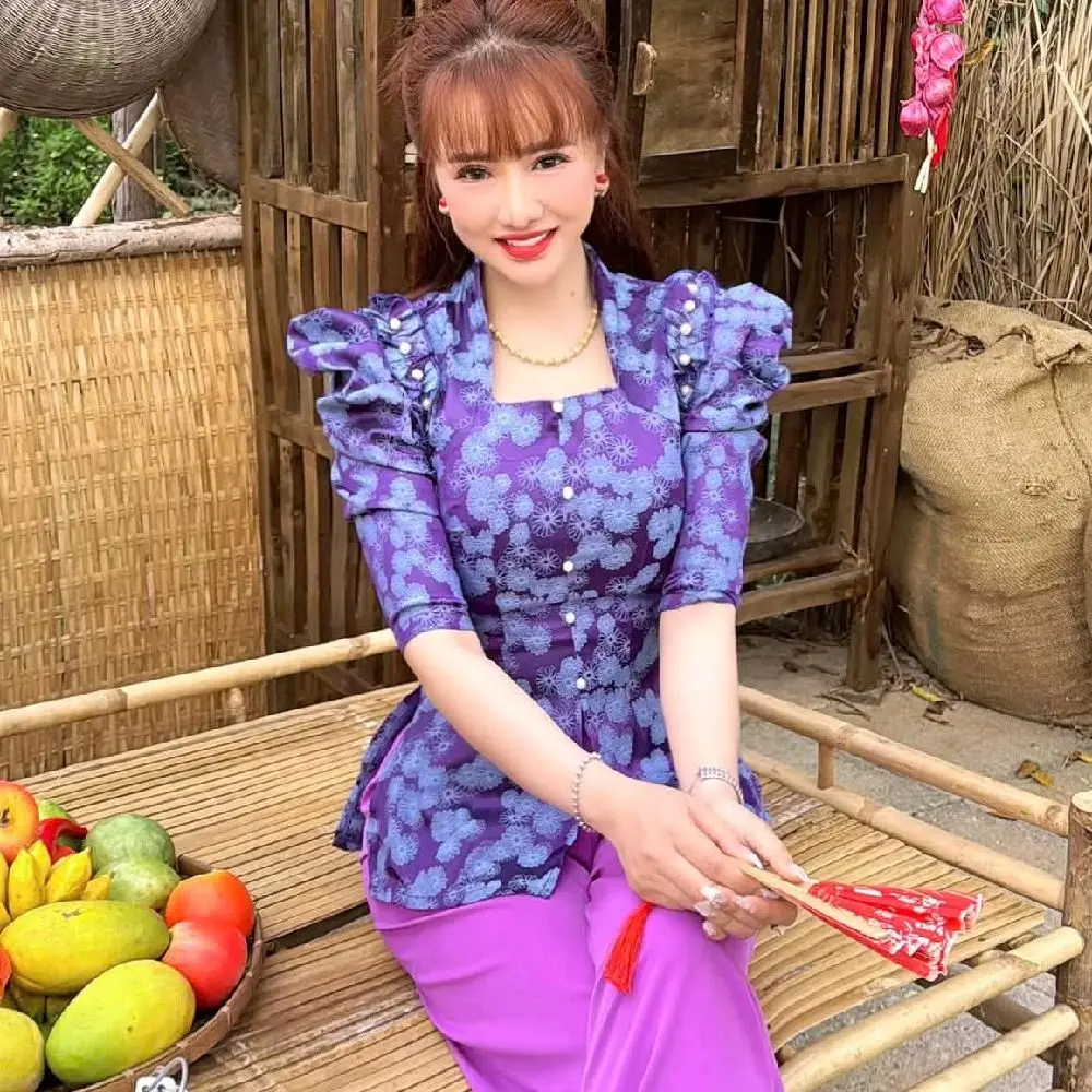 (60_120KG BIGSIZE) BỘ LAM GẤM CÔ NƯ HOANG TAY PHỒNG ÁO GẤM QUÂN MANGO ĐI CHUA ĐI LÊ XUÂN NHIỀU MÀU ĐÍNH NÚT CHÂU Top