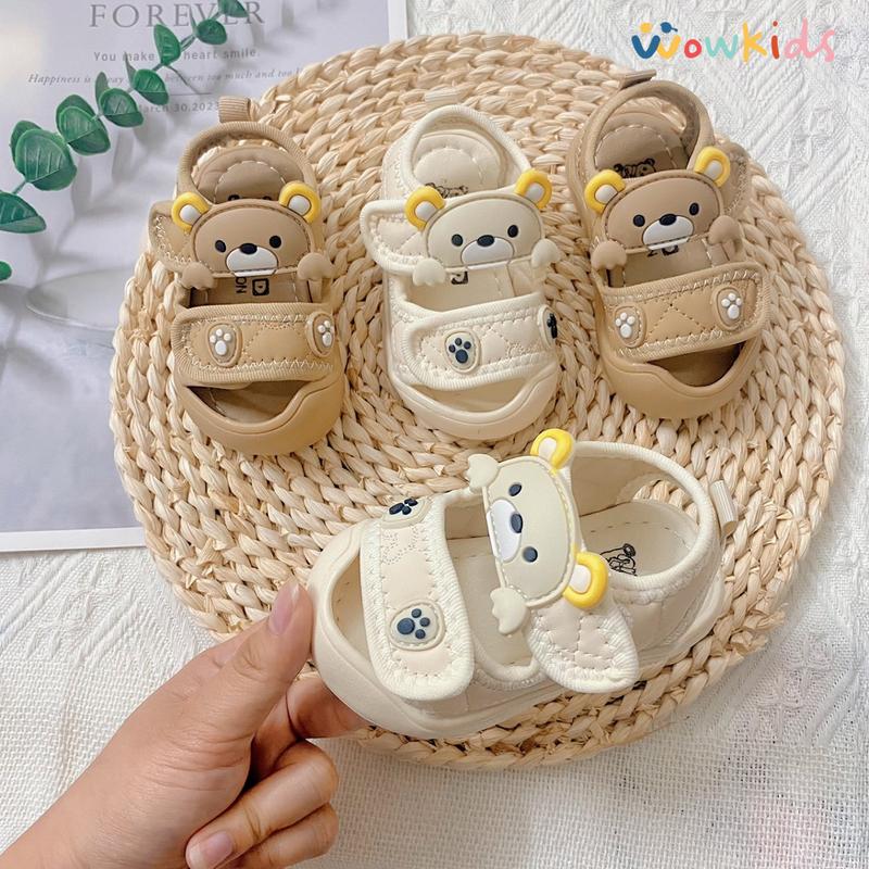 Sandal Tập Đi Đế Mềm Chống Vấp Thêu Mặt Gấu Phong Cách Hàn Quốc Cho Bé Trai Bé Gái M03 Dép Sandal Kem Giày