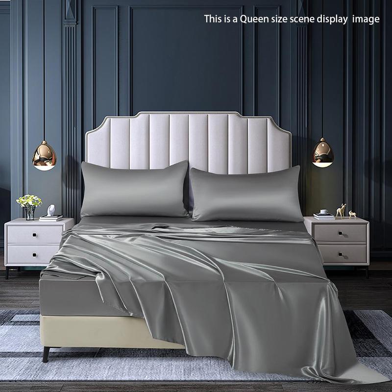 Solid Color Satin Bedding Set (4 Counts/set), Including 1 Flat Sheet, 1 Fitted Sheet & 2 Pillowcase without Filler, Soft Comfortable Bedding Set for Home Bedroom 2