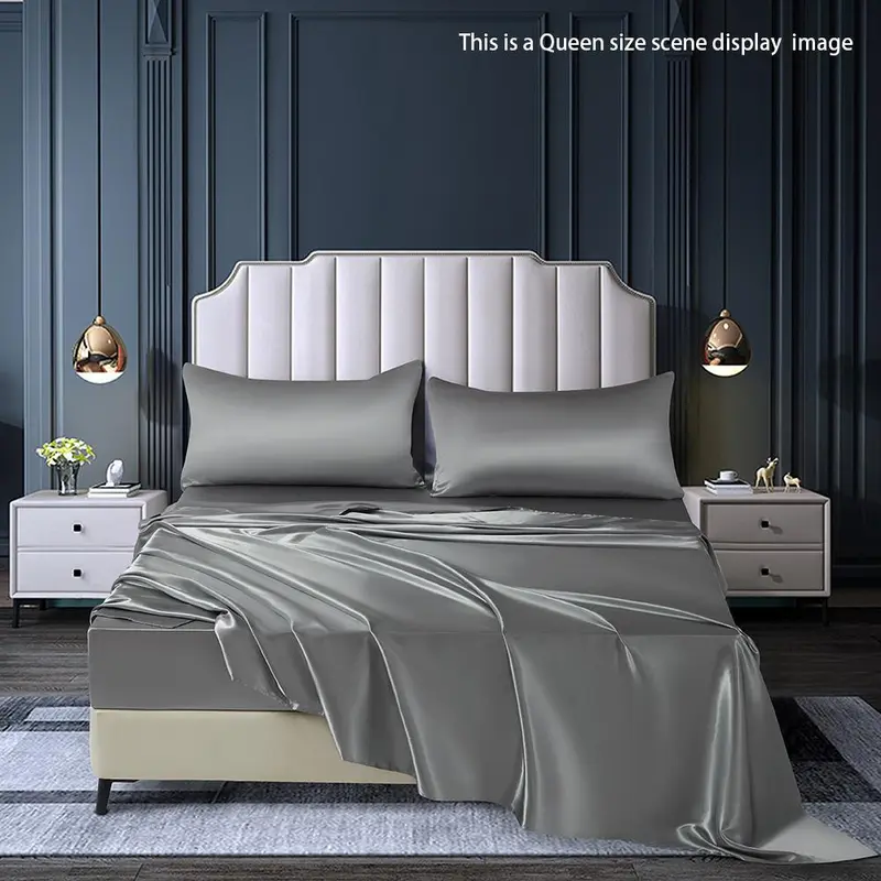 Solid Color Satin Bedding Set (4 Counts/set), Including 1 Flat Sheet, 1 Fitted Sheet & 2 Pillowcase without Filler, Soft Comfortable Bedding Set for Home Bedroom 1