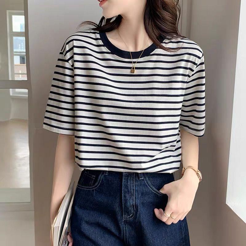 Product Introduction of Áo Phông Sọc Trắng, Ngắn Tay Nữ, Bộ Sưu Tập Mùa Hè 2024, Hàng Mới Về, Thích Hợp Cho Mùa Xuân Và Mùa Thu, Áo Mỏng, Dáng Rộng Vừa Vặn, Áo Phông Cổ Thuyền Top Women 8