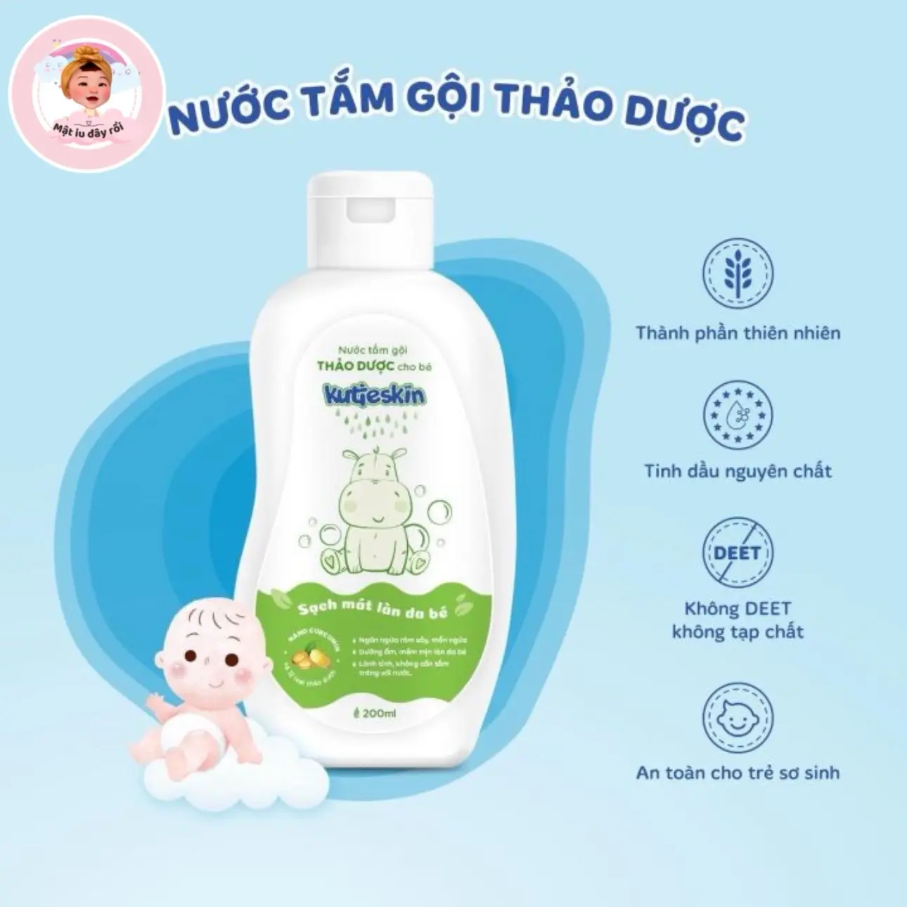 Nước tắm Kutieskin, nước tắm gội thảo dược cho bé, Sữa tắm cho bé - Ngừa rôm sảy, mẩn ngứa, mụn nhọt, viêm da cho bé