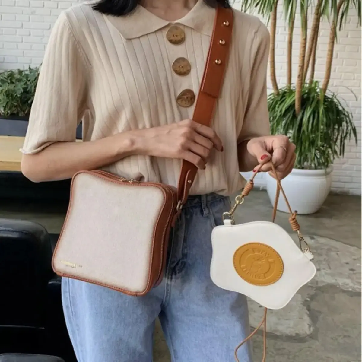 PU Bread Fried Eggs Bag Tote Bag a Set of Two Crossbody Bag Shopping