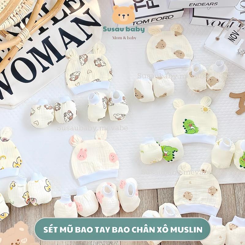Sét Mũ- Bao Tay- Bao Chân Xô Muslin Hoạ Tiết Cho Bé Sơ Sinh