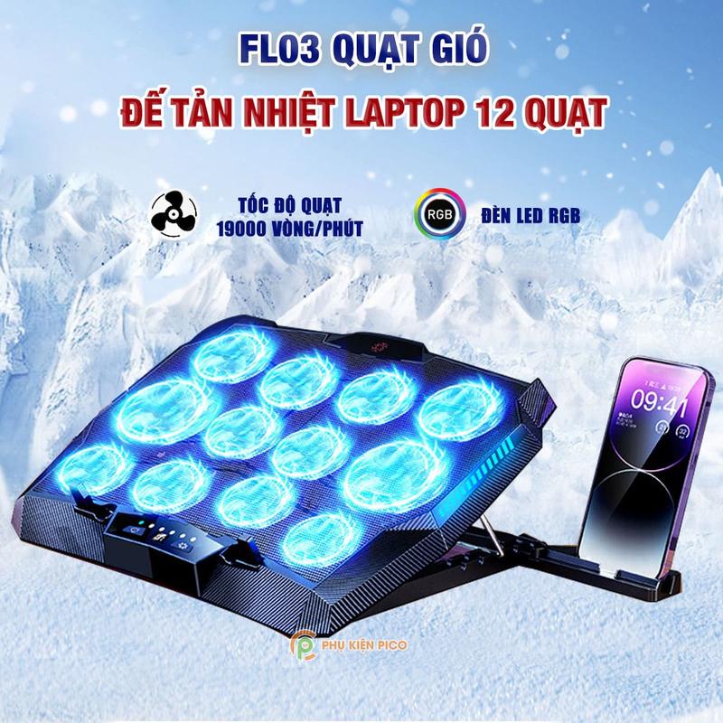 Đế tản nhiệt laptop gaming FL03 12 quạt giá đỡ laptop đèn led rgb chỉnh tốc độ gió làm mát nhanh chống ồn
