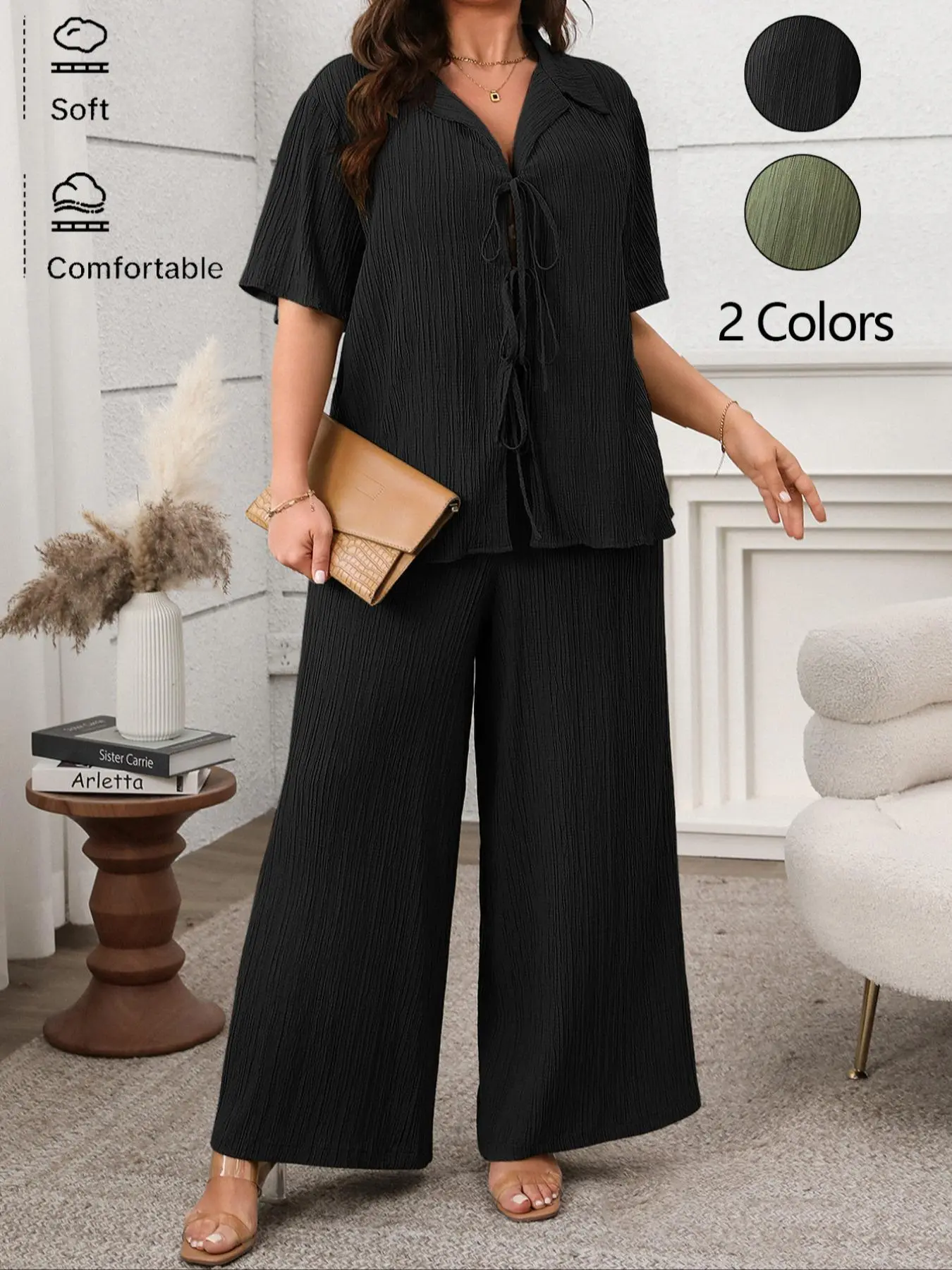 【Plus Size】 Two-piece Set Solid Color Tie Front Top & Wide Leg Pants Set, Casual Fashion Cozy for Year-round Daily Outdoor Wear, Women Clothing for All Seasons