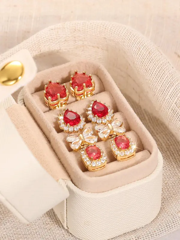 Women's Elegant Rhinestone & Garnet Decorated Earrings Set, Exquisite Trendy Earrings, Fashionable Jewelry for Women for Party & Daily Clothing Decor 2