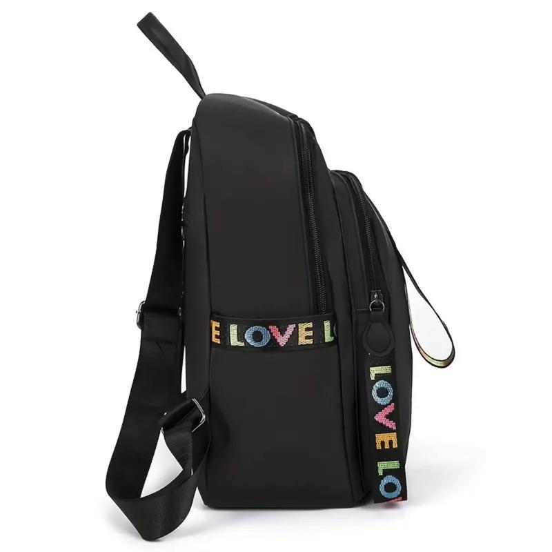 [Stylish Backpack] Stylish Nylon Backpack |     Large Capacity Travel & School Bag with Colorful "LOVE" Ribbon Design, Durable Casual Backpack with Practical Pockets - Travel Bag |     Colorful Accents |     Zipper Closure 1