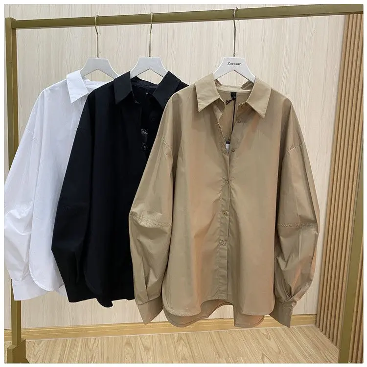 Loose plain shirt for women long sleeve casual plus size female white khaki black blouse top