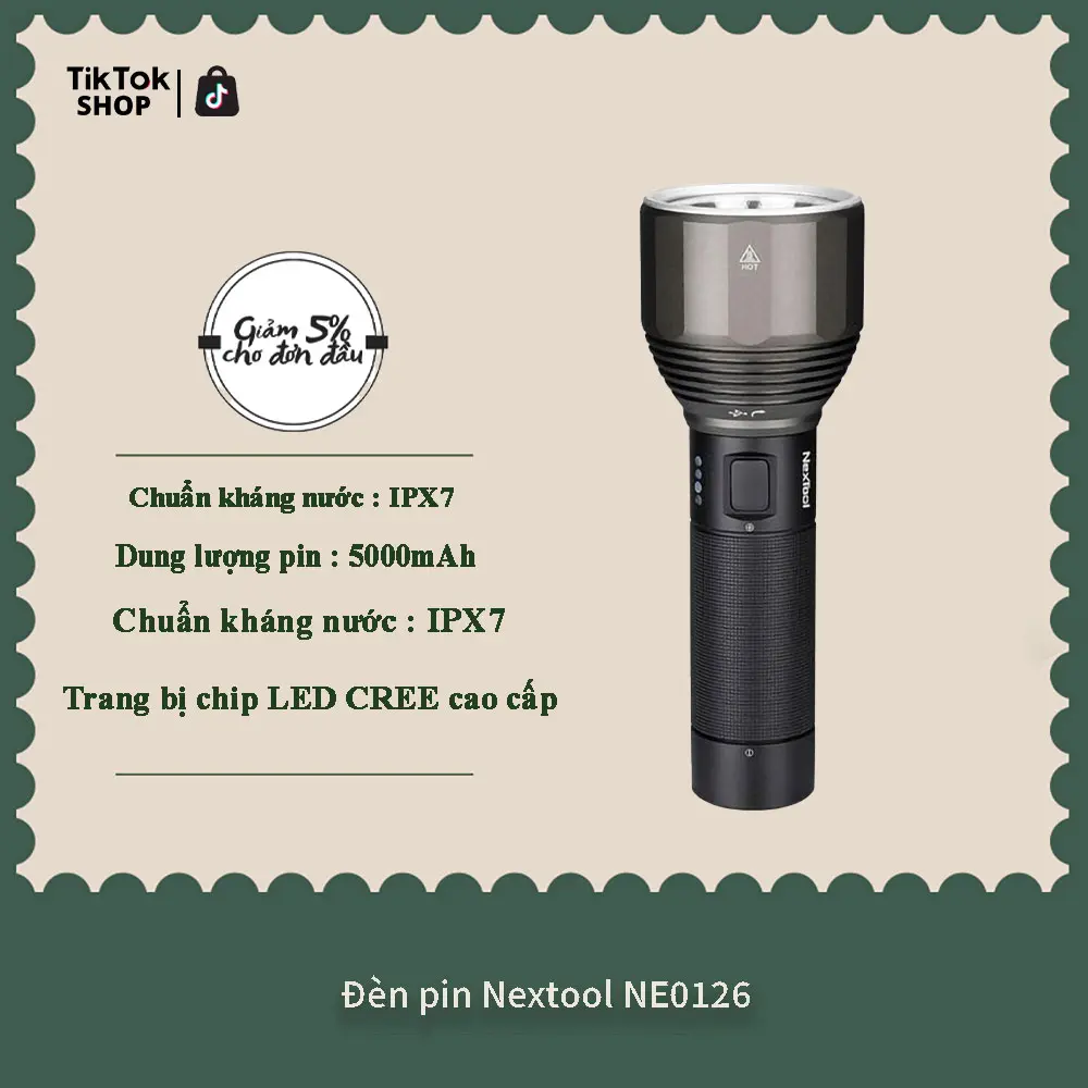 Đèn pin cầm tay Nextool NE0126 - 5 chế độ chiếu sáng, độ sáng lên đến 2000 lumen, khối lượng 265g