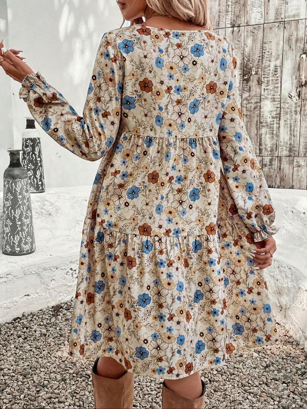 Women's All Over Floral Print Plicated Flounce Sleeve Dress, Casual Long Sleeve Round Neck Short Dress for Daily Wear, Ladies Clothes for All Seasons, Womenswear 1