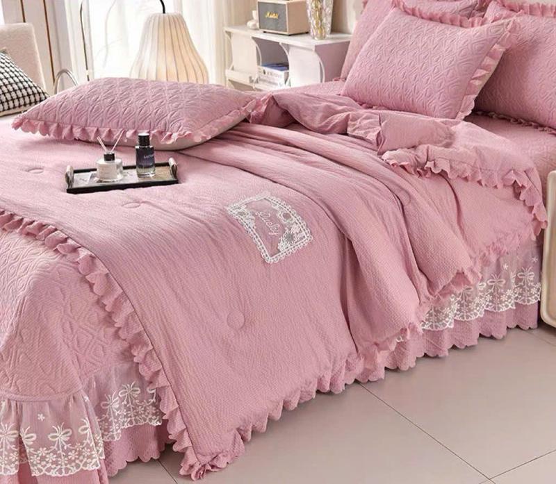 bộ chăn ga gối cotton đũi, chăn chần bông mỏng, ga phủ riềm nhiều màu sắc sang trọng