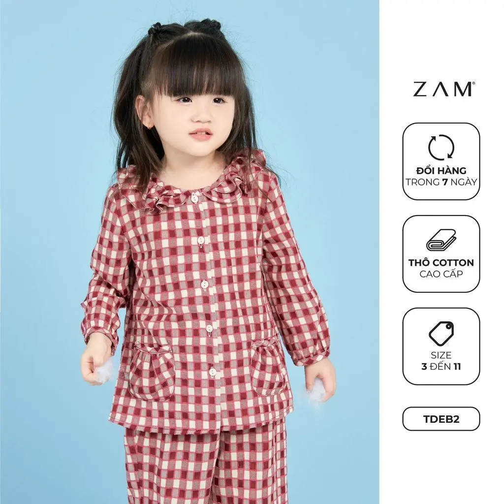 BỘ NGỦ SHE BY ZAM - TDEB - BỘ DÀI TAY TRẺ EM KẺ THÔ COTTON BÈO