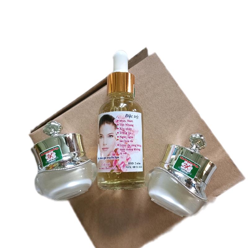 ( tặng nạ) 2 kem +1 lọ nước tái tạo da ( bộ màu trắng)spa trị mụn thâm nám tàn nhang Skincare