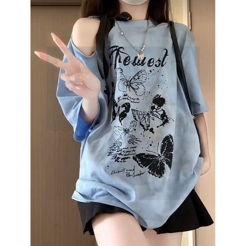 Product Introduction of [Bow Bandage Design] Preppy Style T-shirt Retro off-Shoulder Loose Short Sleeve Top Summer New Printing 11