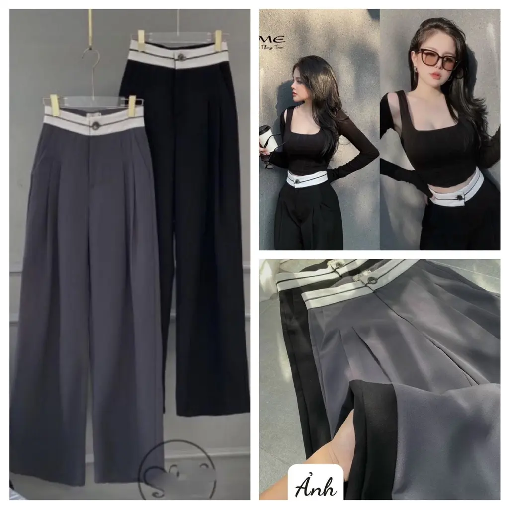 QUẦN ỐNG RỘNG PHỐI CẠP CẠP ĐEN TRẮNG LƯNG CAO DÀI 100 + 1CM Nữ Pants