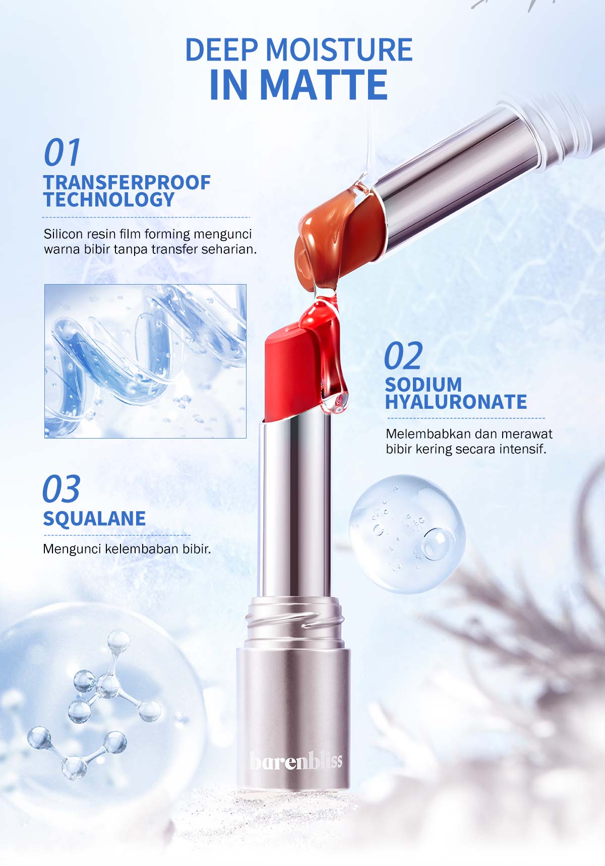 BNB barenbliss No Gravity Transferproof Matte Lipstick Lipstick Transferproof dengan Serum Alami Warna Matte Sempurna,Tahan 16 Jam