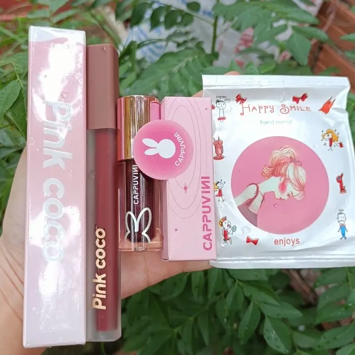 Combo 1 son thỏ Cappuvini+1 son Pinkcoco tặng 1 gương Mỹ Phẩm Trang Điểm Nữ Cosmetic Son Môi Women 5