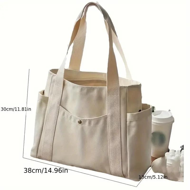 TikTok Shop 1Pcs Large Capacity Canvas Tote with Multiple Pockets Perfect for School work Commute travel and Shopping Bags on One Shoulder