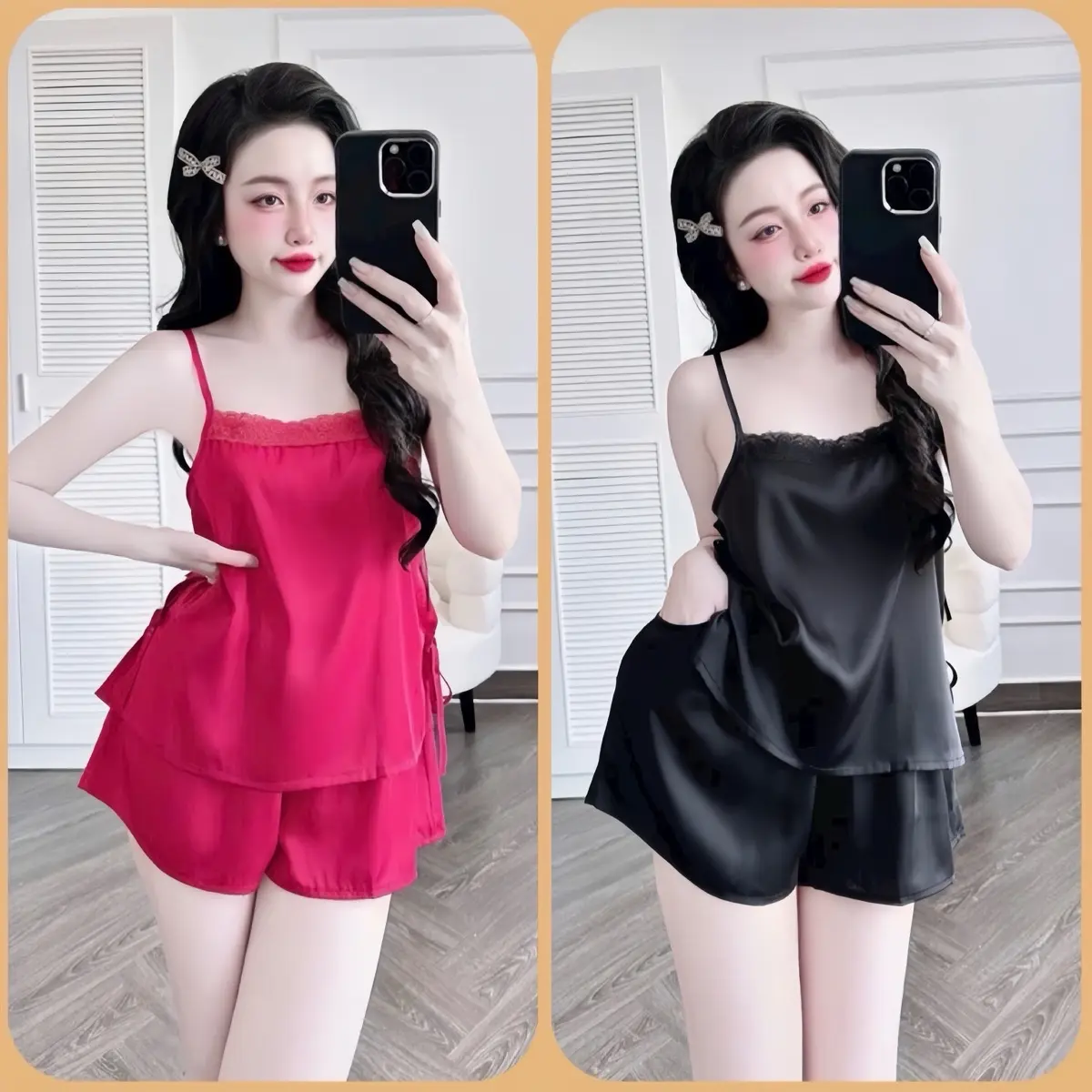 Từ 40- 60 Ký; Bộ Ngủ 2 Dây Áo Phối Ren 2 Bên Buộc Nơ Quần Đùi Lụa Latin Tơ Tằm Cao Cấp-