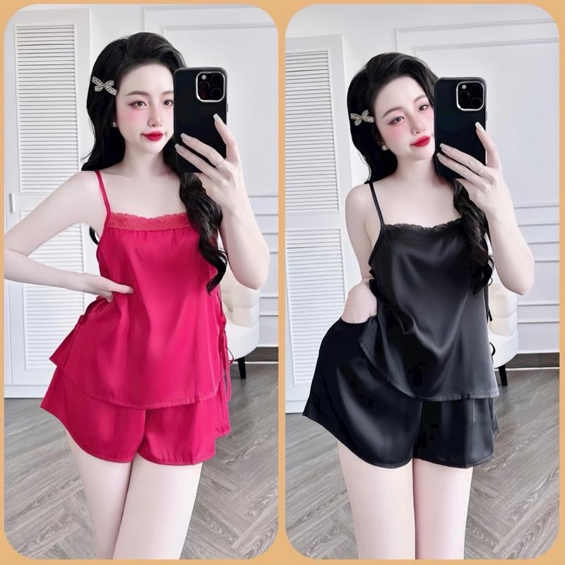 Từ 40- 60 Ký; Bộ Ngủ 2 Dây Áo Phối Ren 2 Bên Buộc Nơ Quần Đùi Lụa Latin Tơ Tằm Cao Cấp-