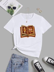ImprinTee Women's Cartoon Book Print Graphic Tee, Casual Trendy Short Sleeve T-shirt for Daily Wear, Ladies Summer Outfit