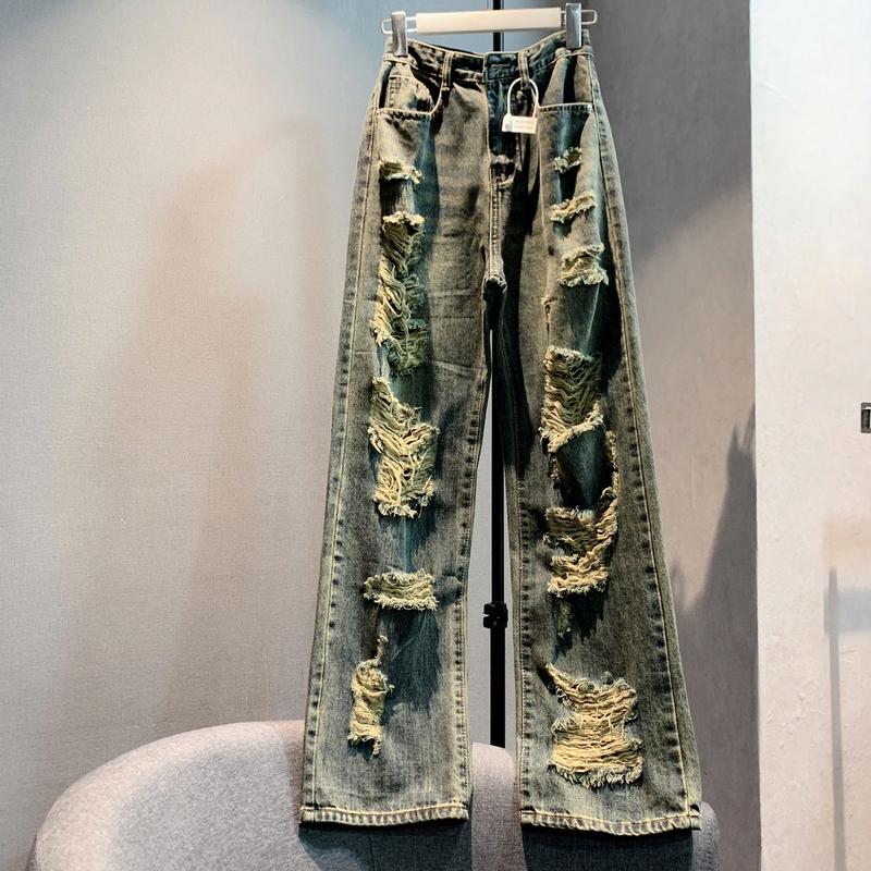 nhatran - Quần jean nữ ống suông phom dài 102cm rách nhiều màu dơ bụi rách nhiều Women Pants Ong MS0046