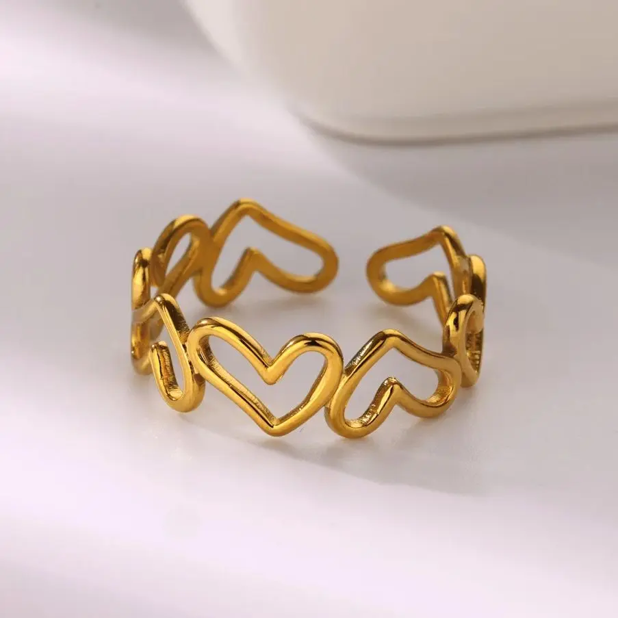 Stainless Steel Gold Plated Heart Flower Rings For Women Men Open Adjustable Ring  Gothic Punk Aesthetic Jewelry 2024 New