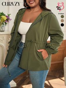 CURVZY Plus Size Solid Drawstring Pocket Zipper Hooded Coat, Casual Long Sleeve Outerwear for Autumn & Winter, Women's Clothes for Daily Wear, Fall & Winter Clothes