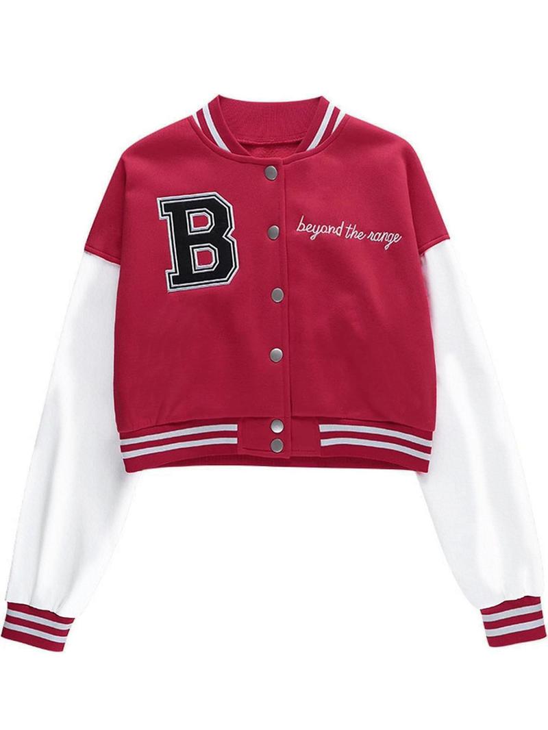 Product Introduction of Women's Letter Patched Button Front Jacket, Casual Drop Shoulder Long Sleeve Baseball Collar Outerwear for Fall & Winter, Ladies Clothes for Daily Wear 6