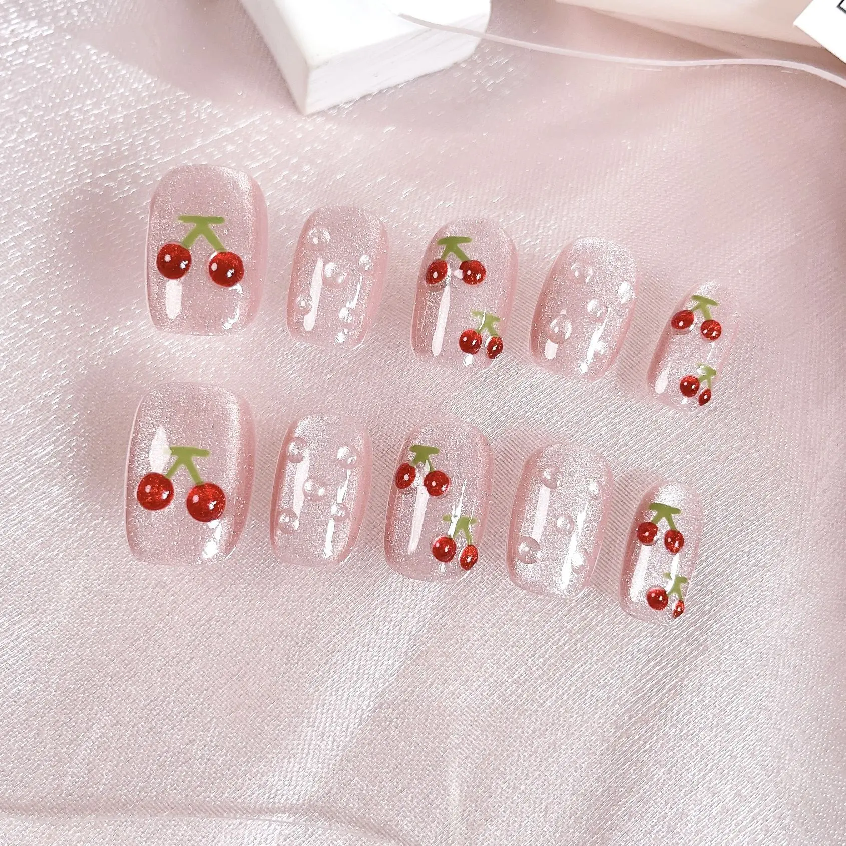 LADY KINDOM 10pc/set Handmade Press on Nails Boutique Nail Patch Finished Wholesale Short Student Fake Nail Pieces New Cherry Pink