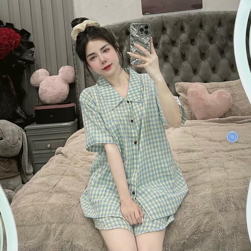 Set Bộ Ngủ Pijama Kẻ Caro Cổ Nhọn 2