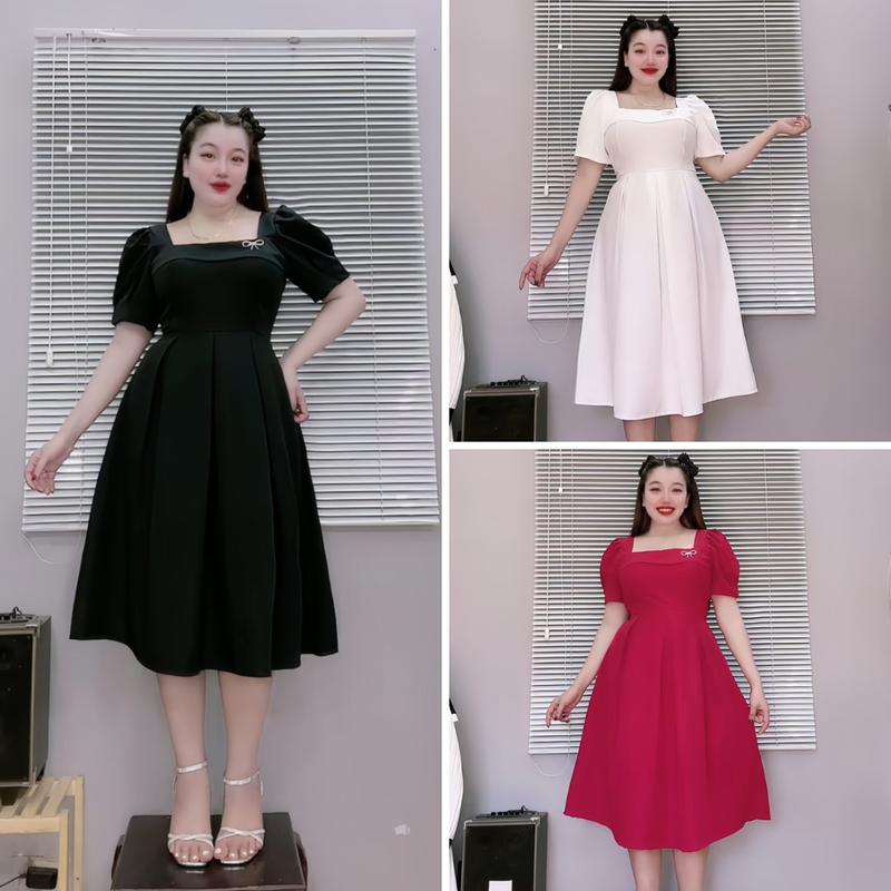  Đầm thiết kế bigsize nữ Style tay bồng ngắn cổ vuông dáng xòe A dập ly eo tôn dáng hot trend tiểu thư xinh xắn- DTK19 Women Nhung Dress Cotton 