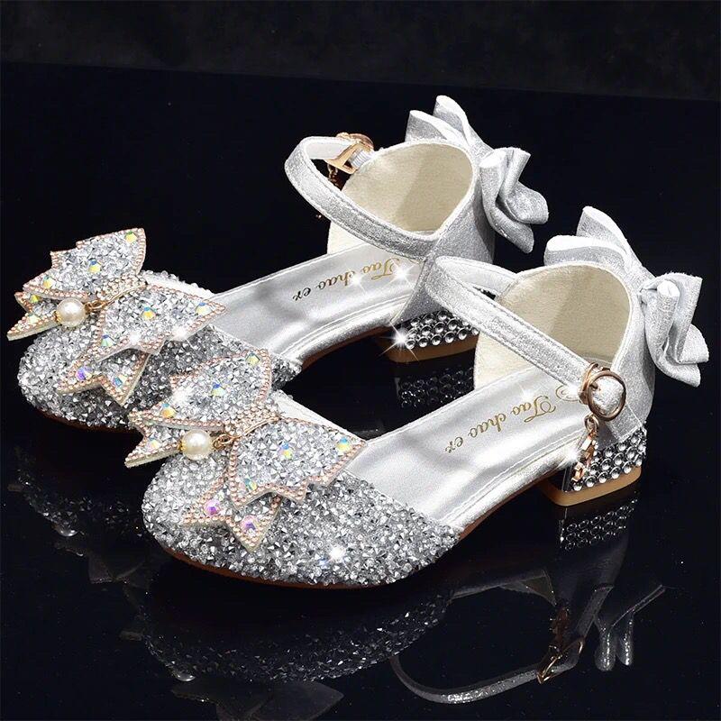 Children's Silver 2024 New Leather Shoes Catwalk Dress Princess Performance Crystal Shoes Girls Soft Bottom Small High Heel Shoes 1