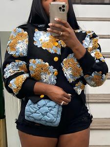 [Faith Devine Exclusive] Women's Floral Pattern Button Front Jacket, Casual Long Sleeve Round Neck Outerwear for Fall & Winter, Ladies Clothes for Daily Wear