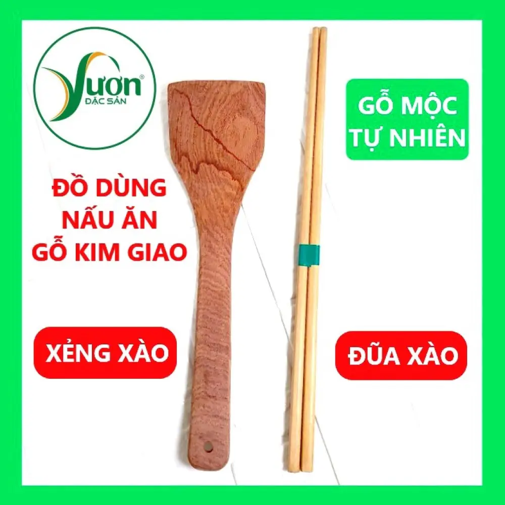 Xẻng xào và đôi Đũa xào GỖ KIM GIAO gỗ mộc không cong vênh không hóa chất không sơn - Vườn Đặc Sản