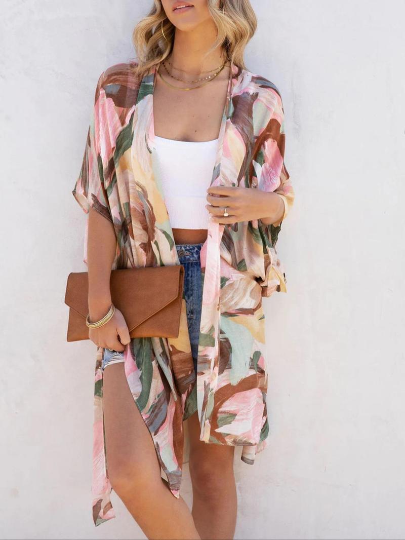 Product Introduction of Women's All Over Print Batwing Sleeve Kimono, Casual Open Front Split Side Kimono, Ladies Summer Swimwear for Beach Vacation Holiday, Summer Outfits 2024 4