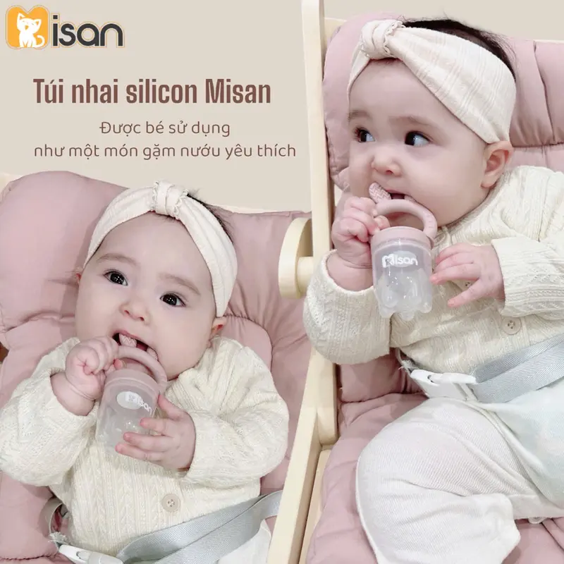 Túi Nhai Silicon Misan Hình Gấu Thỏ Kèm 3 Size Núm Cho Bé Từ 6 Tháng, Túi Nhai Gặm Nướu Cho Bé Misan Silicone 2in1 Tiện Lợi Kem 8