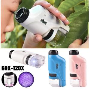 60-120X Mini Pocket Microscope Kit Laboratory Handheld Microscope with Magnifier LED Light Children's Science Microscope Battery Powered Birthday Gift