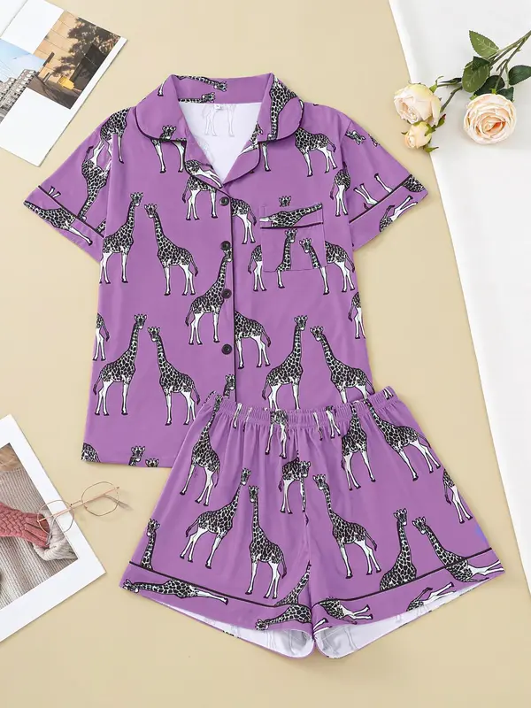 Women's Cartoon Giraffe Print Pyjama Set, Button Front Lapel Shirt Tops & Shorts Loungewear Set, Pjs Pajama Set for Women, Shortsleeve Homewear, Lounge Sets, Hide Tummy Wear Uk, Womenswear, Womens Clothes, Premium Fabric 7