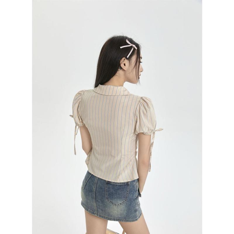 Product Introduction of FADFAD[Ready Stock] Kemeja Lengan Pendek Bermotif Garis Krah V-neck Untuk Wanita 5