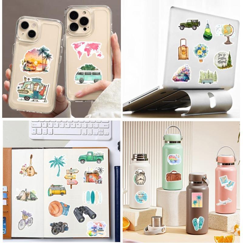 Product Introduction of Cartoon Outdoor Travel Pattern Sticker, 50pcs Waterproof Self Adhesive Decor Paper, Creative Sticker for DIY Scrapbooking Laptop Luggage Car Decor 12