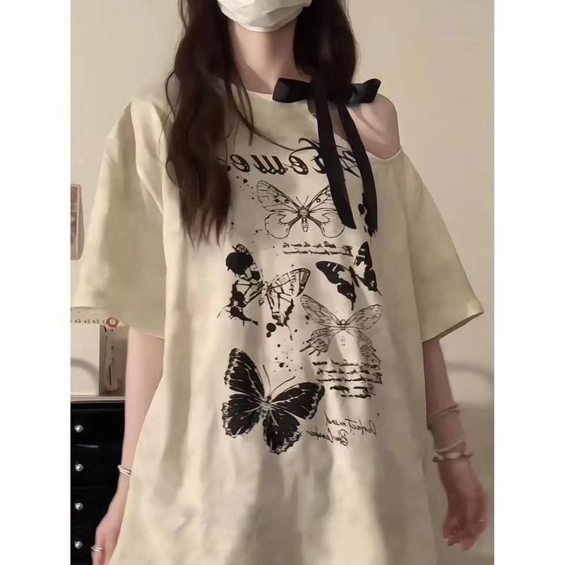 Product Introduction of [Bow Bandage Design] Preppy Style T-shirt Retro off-Shoulder Loose Short Sleeve Top Summer New Printing 5