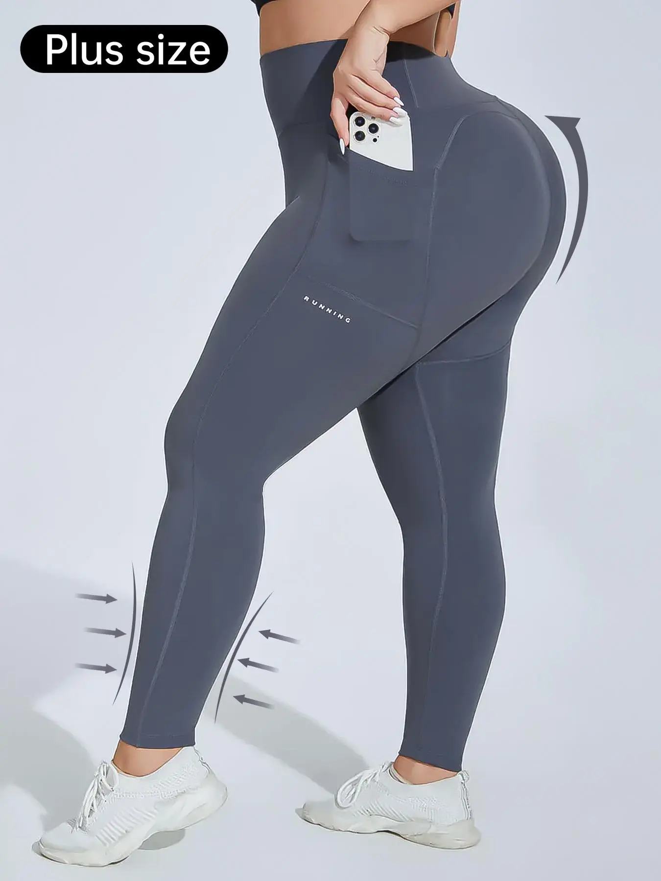 【Plus Size】 Letter Print Pocket High Waist Sports Leggings, High Stretch Tummy Control Yoga Leggings, Ladies Sportswear for Indoor Outdoor Wear, Gym Clothes
